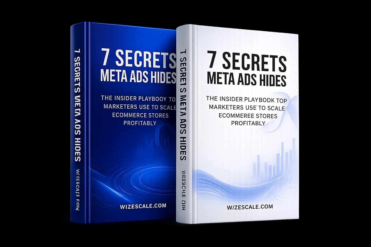 The WizeScale ebook, 7 Secrets Meta Ads Hides, shown as a 3D book cover.
